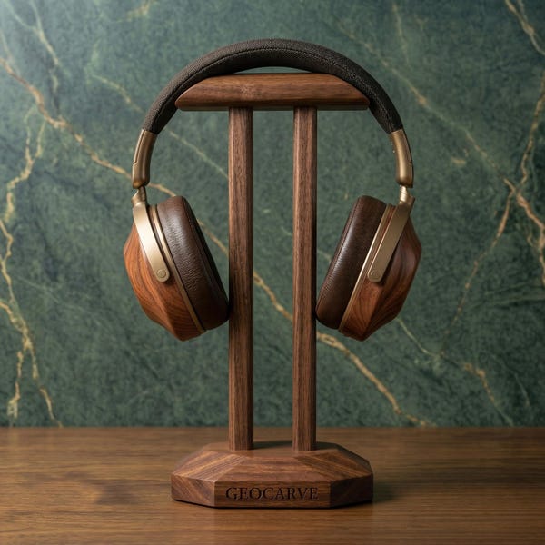 Soporte para auriculares de nogal hecho a mano, organizador de escritorio minimalista, soporte ergonómico de madera para auriculares