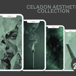 May include: Four smartphones displaying digital wallpapers from the Celadon Aesthetic Collection. The screens show a torn paper portrait, a lit match with smoke, a black panther in mist, and a staircase. A circular badge indicates 20+ designs.