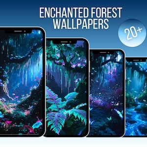 May include: Four smartphones displaying enchanted forest wallpapers with vibrant blue, purple, and green hues. The text "ENCHANTED FOREST WALLPAPERS" is at the top, with a circular graphic indicating "20+". The wallpapers showcase fantastical forest scenes.