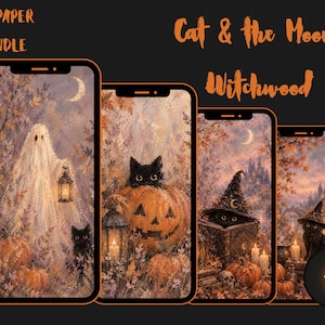 May include: A digital wallpaper bundle titled Cat & the Moonlit Witchwood featuring four smartphone screens displaying autumn-themed illustrations of ghosts, black cats, pumpkins, lanterns, and witch hats in a forest setting with the number 10.
