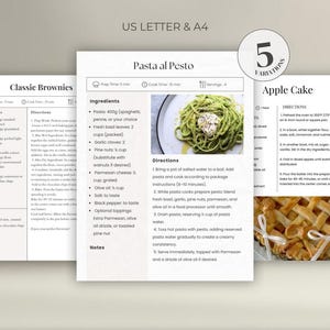 5 receptmallar Canva | Redigerbara kokbokskort | Helt anpassningsbara, minimalistiska, mat, måltider, kökstryck