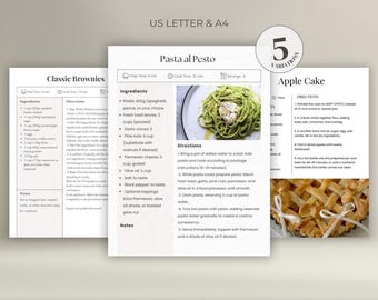 Peut inclure: Trois fiches de recettes, dont "Classic Brownies", "Pasta al Pesto" et "Apple Cake". La fiche "Pasta al Pesto" présente une photo de pâtes au pesto. Les fiches sont conçues pour les formats de papier US Letter et A4.
