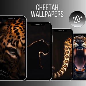 May include: A collection of cheetah wallpapers displayed on smartphones. The images showcase close-ups of cheetah faces, silhouettes, and a roaring cheetah, with the text "CHEETAH WALLPAPERS" and "20+" displayed.