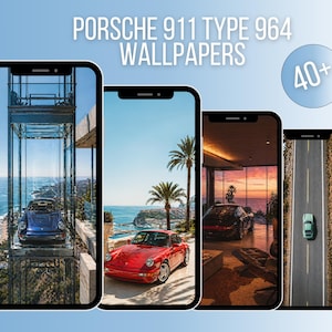 May include: Four smartphones showing Porsche 911 Type 964 wallpapers. The wallpapers depict the car in different settings: a blue car in a glass lift, a red car by the coast, and a black car in a modern interior.