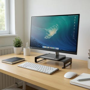 May include: A black computer monitor on a black stand, with a white keyboard, mouse, and notebook on a light wood desk. A small potted plant and a mug are also on the desk. The monitor displays a blue and green image.