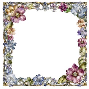 Peut inclure: Un cadre floral décoratif avec un centre blanc. Le cadre est orné de fleurs colorées dans les tons de violet, bleu, or et rose, avec des feuilles vertes et une bordure dorée en forme de vigne.