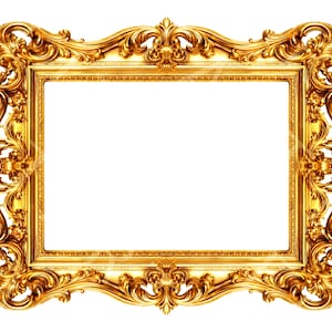 Peut inclure: Cadre doré orné avec des détails complexes de fleurs et de volutes. Le cadre rectangulaire a une large bordure avec une finition brillante et réfléchissante. Le centre est un espace blanc vide, prêt pour une photo ou une œuvre d'art.