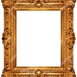 Peut inclure: Cadre doré orné avec des sculptures détaillées et une ouverture rectangulaire. Le cadre présente des motifs floraux et de volutes élaborés, avec des accents décoratifs aux coins et au centre. Le cadre est en matériau doré brillant.