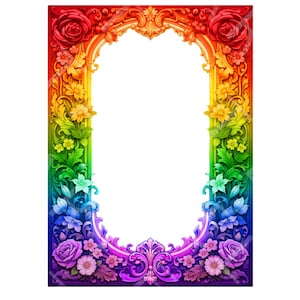 Peut inclure: Un cadre décoratif aux couleurs de l'arc-en-ciel avec une ouverture en forme d'arche. Le cadre est orné de motifs floraux et de volutes détaillés, passant du rouge en haut au violet en bas. Des roses et d'autres fleurs sont représentées.