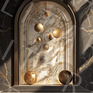 Peut inclure: Une œuvre d'art abstraite présentant une arche dorée avec des cercles et des sphères concentriques. Le fond est un motif semblable à du marbre avec des veines dorées. Le design général est symétrique et élégant.