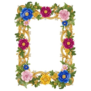 Peut inclure: Un cadre doré orné de motifs floraux et de volutes. Il est décoré de fleurs bleues, roses, jaunes et magenta, de feuilles vertes et de petits accents dorés. Le cadre rectangulaire est un élément décoratif.