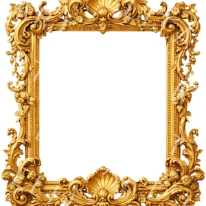 Peut inclure: Cadre photo doré orné de volutes, de motifs floraux et de coquillages. Le cadre rectangulaire a un grand centre vide. Le cadre est très détaillé et a une esthétique vintage.