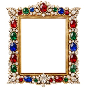 Peut inclure: Un cadre photo doré orné de pierres précieuses rouges, vertes, bleues et transparentes. Le cadre a un design orné avec une ouverture rectangulaire et est posé sur un fond blanc.