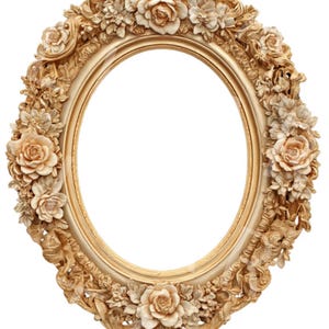 Könnte beinhalten: Ovaler Bilderrahmen in Gold mit aufwendigen floralen Schnitzereien. Der Rahmen zeigt detaillierte Rosenblüten und Blätter. Geeignet für ein ovales Bild, verleiht er einen Hauch von Eleganz und Raffinesse.