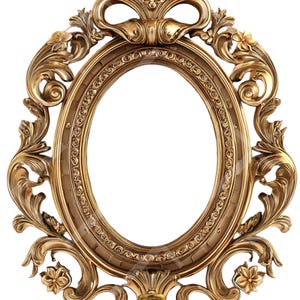 Peut inclure: Cadre photo ovale doré orné de motifs floraux et de volutes détaillés. Le cadre présente une surface texturée et un dessus décoratif avec un élément en forme de nœud. Le cadre est vide, prêt pour une photo ou une œuvre d'art.
