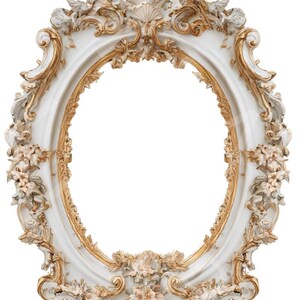 May include: An ornate, oval-shaped picture frame with a white base and gold accents. The frame features elaborate floral and scrollwork detailing, creating a vintage aesthetic. The inner oval is empty, ready for a photo or artwork.