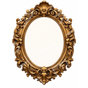 Peut inclure: Un miroir ovale doté d'un cadre doré orné de volutes complexes, de motifs floraux et d'une bordure intérieure perlée. Le cadre présente une finition métallique avec des ombres profondes dans les creux, soulignant les sculptures en relief.
