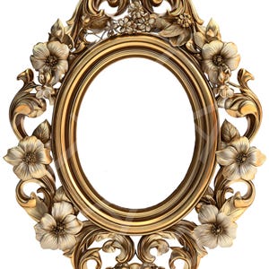 Peut inclure: Cadre photo ovale doré orné de fleurs et de feuilles. Le cadre présente des sculptures détaillées et un design classique, parfait pour afficher un portrait ou une œuvre d'art. Le cadre mesure environ 30 cm de large et 41 cm de haut.