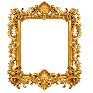 Peut inclure: Cadre doré orné avec des volutes et des motifs floraux élaborés. Le cadre présente une ouverture rectangulaire et des motifs en forme de coquillage en haut et en bas. Le cadre est isolé sur fond blanc.