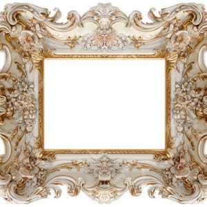 Peut inclure: Cadre photo rectangulaire orné, avec une finition crème et des accents dorés. Le cadre présente des motifs floraux et des volutes détaillés, créant une esthétique vintage. L'intérieur du cadre est doré, et le design est symétrique.
