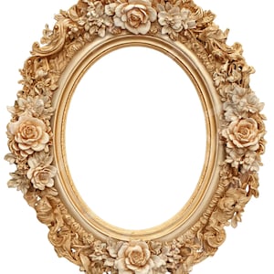 Peut inclure: Cadre photo ovale doré, orné de motifs floraux et de volutes. L'intérieur du cadre est vide, prêt à accueillir une photo ou une œuvre d'art. Ce cadre est un élément décoratif pour afficher des images.