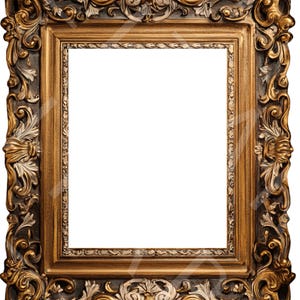 Könnte beinhalten: Aufwendiger rechteckiger Bilderrahmen mit goldener und dunkelgrauer Oberfläche. Der Rahmen weist detaillierte Schnörkel und florale Designs auf, die eine klassische, Vintage-Ästhetik schaffen. Der Innenraum ist leer und bereit für ein Foto oder Kunstwerk.