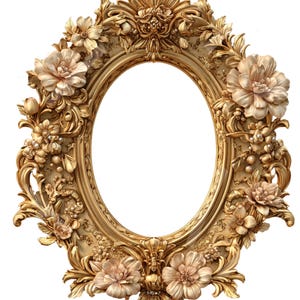 Peut inclure: Cadre photo ovale doré orné de motifs floraux et de feuilles détaillés. Le cadre présente une ouverture centrale et est orné de fleurs sculptées dans une couleur neutre et douce. Idéal pour afficher des photos ou des œuvres d'art.