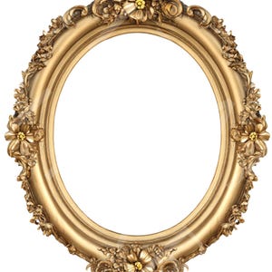 Peut inclure: Cadre photo ovale doré orné de détails floraux et de volutes. Le cadre a une finition brillante et est vide, prêt pour une photographie ou une œuvre d'art. Le design du cadre rappelle les styles antiques.