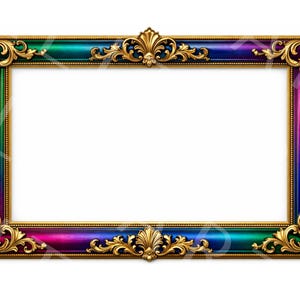 Peut inclure: Un cadre photo rectangulaire avec un dégradé de couleurs, passant du vert au bleu au violet. Le cadre présente des détails dorés ornés aux coins et au centre, avec une bordure intérieure dorée.