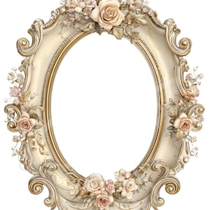 Peut inclure: Cadre photo ovale orné, de couleur crème et or, orné de motifs floraux. Le cadre présente des sculptures détaillées et est orné de roses et d'autres fleurs. Le design est de style vintage, idéal pour afficher un portrait ou une photo.