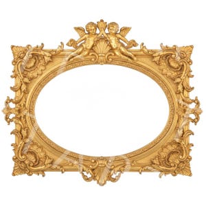 Peut inclure: Un cadre photo rectangulaire de couleur dorée avec une ouverture centrale ovale. Le cadre présente des sculptures en relief ornées de feuilles d'acanthe, de coquillages et de deux chérubins ailés placés au sommet au-dessus de l'ouverture.