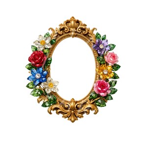 Peut inclure: Un cadre photo ovale de couleur dorée avec des détails ornementaux en volutes. Le cadre est décoré d'une variété de fleurs en cristal colorées dans des tons de rouge, bleu, jaune, rose et blanc, accentuées par des feuilles en cristal vert.
