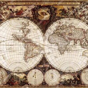 Peut inclure: Une carte du monde ancienne, richement détaillée, divisée en deux hémisphères principaux. Elle est ornée d'illustrations célestes et encadrée de bordures décoratives. Le texte "NOVA TOTIUS TERRARUM ORBIS TABULA AUCTORE F DE WIT" est présent. Les couleurs dominantes sont beige, marron et rouge.