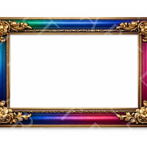 Peut inclure: Un cadre photo rectangulaire avec un dégradé de couleurs, passant du vert au bleu au rose. Le cadre a des coins floraux dorés ornés et une bordure dorée.