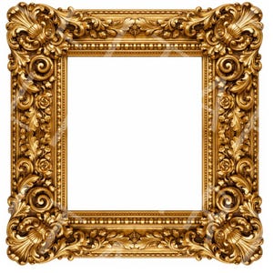 May include: Ornate gold-colored picture frame with intricate floral and scrollwork details. The square frame features elaborate corner designs and a detailed border, perfect for displaying artwork or photographs.