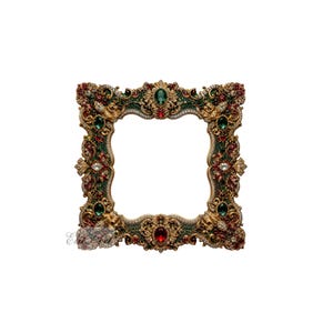 Instant Download Ornate Gold Frame with Emerald & Ruby Gemstones | Luxury Jeweled Digital Frame | Green Red Crystal Picture Frame