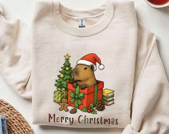 Schattig capibara kersttrui, feestelijke vakantie capy-shirt, grappige gezellige winter dieren T-shirt, schattig kerstcadeau voor liefhebbers van capibara