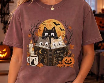 Cozy Halloween Reading Cats Shirt, Cottagecore Book Lover Gift, Comfort Colors Reader Tee