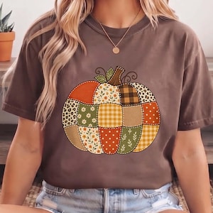 Faux Patchwork Pumpkin T-Shirt, Vintage Cottagecore Coquette Comfort Colors® Shirt