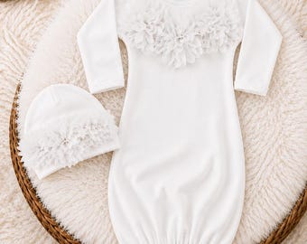 Newborn Girl Chiffon Flower Gown & Beanie: Cotton Take Home Outfit