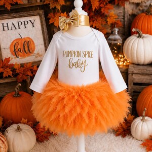 Pumpkin Spice Baby Outfit: Feather Tutu, Gold Glitter Bodysuit