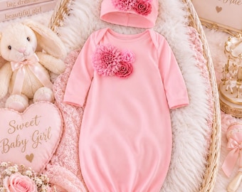 Pink Cotton Newborn Gown, Floral Take Home Outfit, Matching Beanie
