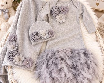 Newborn Girl Feather Gown: Gray Baby Outfit with Beanie
