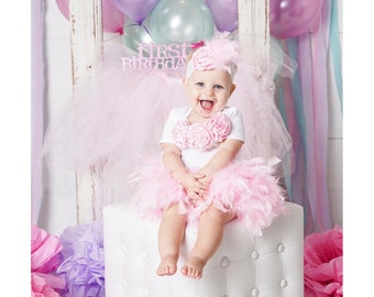 1st Birthday Girl Outfit, Pink Feather Bloomer & Headband Set, Cake Smash Outfit, Feather Tutu, Feather Skirt, 1st Birthday Feather Outfit