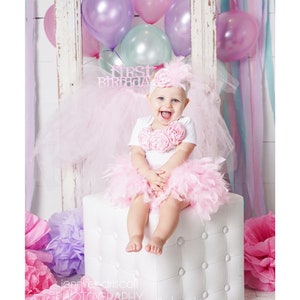 1st Birthday Girl Outfit, Pink Feather Bloomer & Headband Set, Cake Smash Outfit, Feather Tutu, Feather Skirt, 1st Birthday Feather Outfit