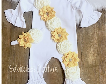 Yellow Ruffle Romper: Newborn Girl Take Home Outfit with Rosettes