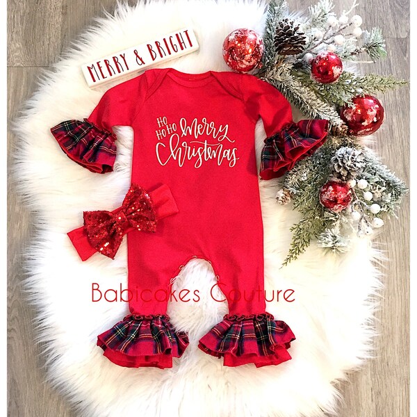 Babys First Christmas Outfit, Santa Baby Ruffle Romper, Newborn Holiday Outfit, Merry Christmas Outfit, Red Plaid Ruffle Romper, Red Romper