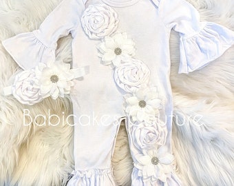 Baby Girl After Christening Outfit, Christening Ruffle Romper & Headband, Naming Outfit, Baptism Outfit, Blessing Outfit White Ruffle Romper