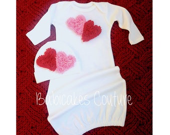Babys 1st Valentine, Newborn Girl Valentine Outfit, Valentine Take Home Outfit, Heart Baby Gown & Beanie Set, Newborn Valentine Heart Outfit