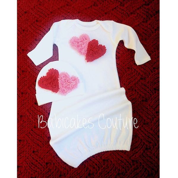 Babys 1st Valentine, Newborn Girl Valentine Outfit, Valentine Take Home Outfit, Heart Baby Gown & Beanie Set, Newborn Valentine Heart Outfit